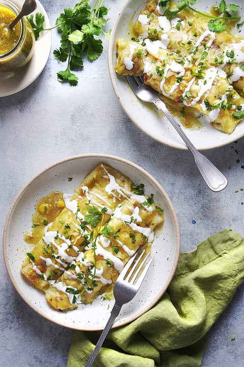 ORGANIC STREET CORN  GREEN CHILI CHICKEN ENCHILADAS