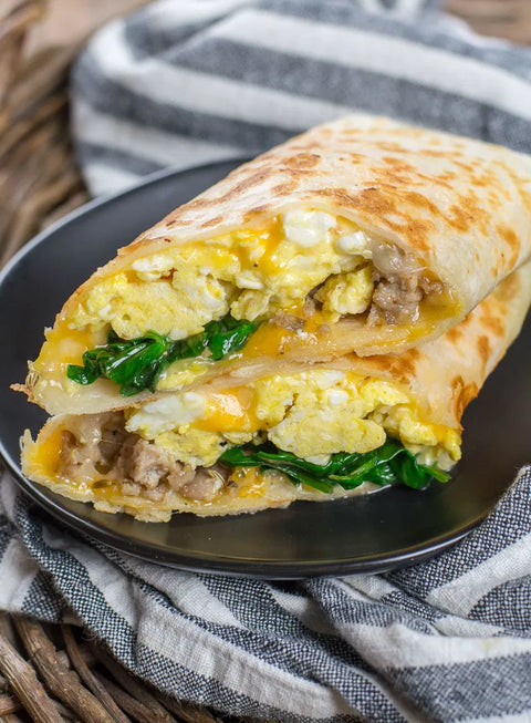CHICKEN SAUSAGE SPINACH AND CHEESE BREAKFAST BURRITO